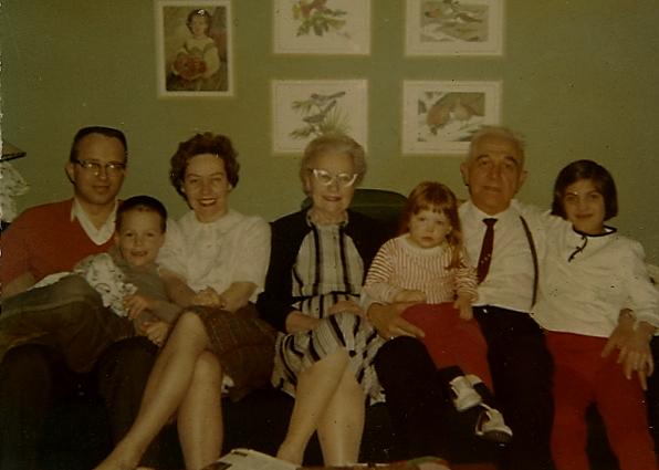 sc0004034803.jpg - Easter Trip about 1967 to Newton IL.  Dad, Dan, Mom, Grandma, Kathy, Grandpa, Pat.