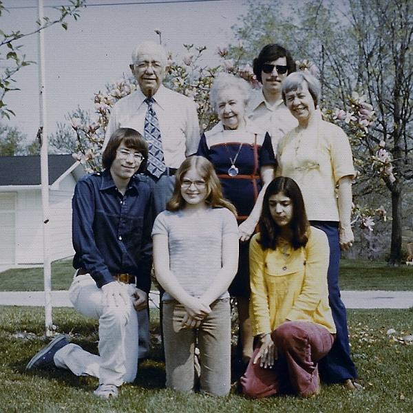 sc00051315.jpg - Trip to Newton, IL about Spring 1976.  Dan, Grandpa, Kathy, Grandma, Mark, Pat, Mom.  This might have been for Grandma & Grandpa's Golden Wedding Anniversary.