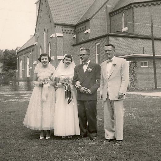 sc000435d501.jpg - Brides Maid Kathleen McCullough, Bride Roseanne Judd, Groom Tom Judd, Best Man Bob Judd - 1953